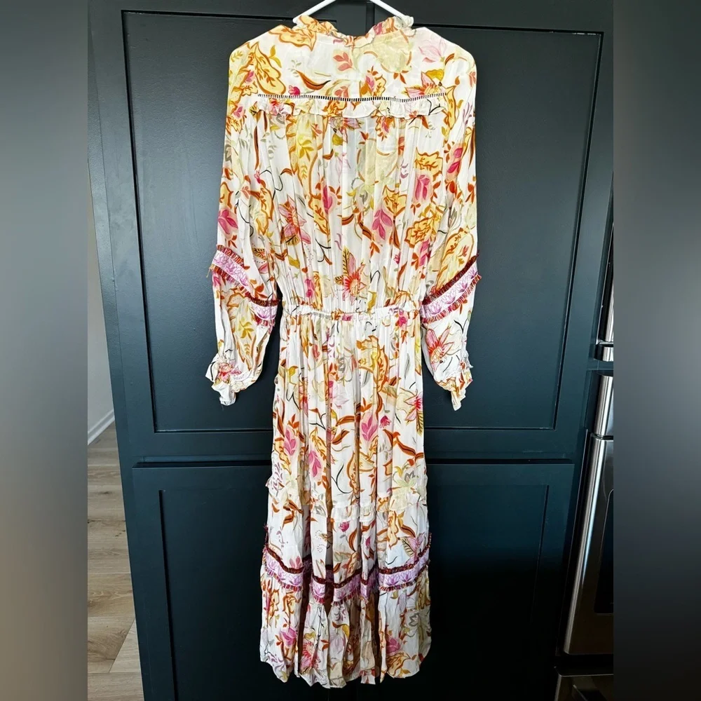 NWT TAJ by Sabrina Crippa Antiope Tassel Trim Midi Dress in Poppy ~ Size Small